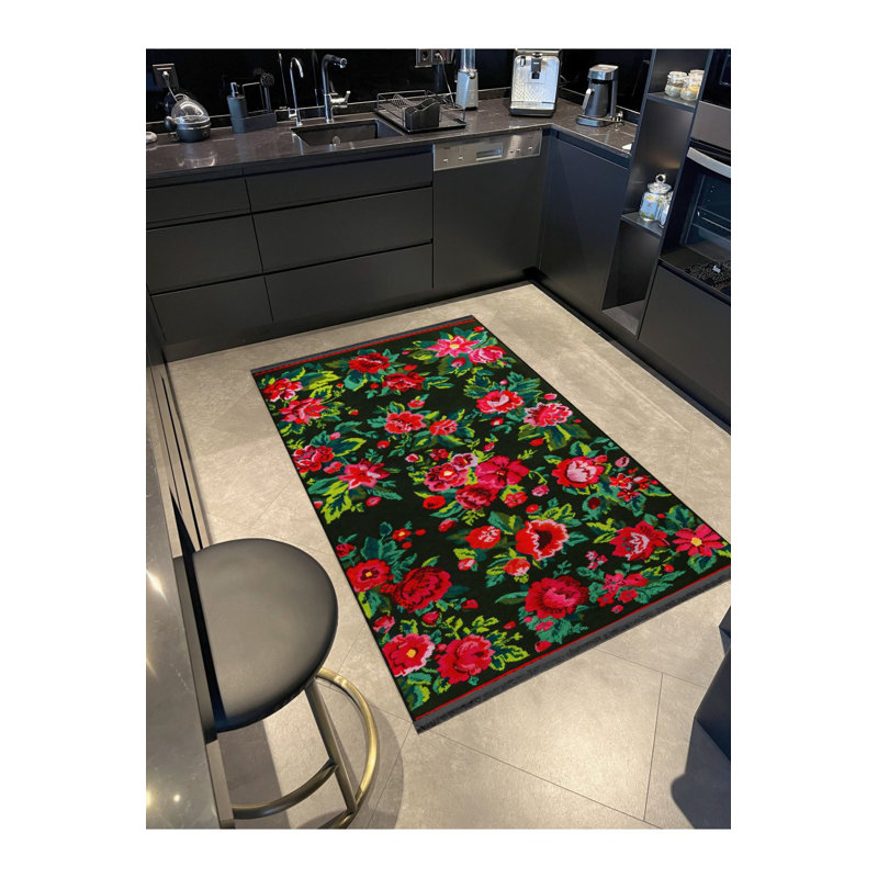 Tapis décoratif moderne noir à motif rose rose, Sous-tapis rectangulaire de 3 pi 3 po x 4 pi 11 po