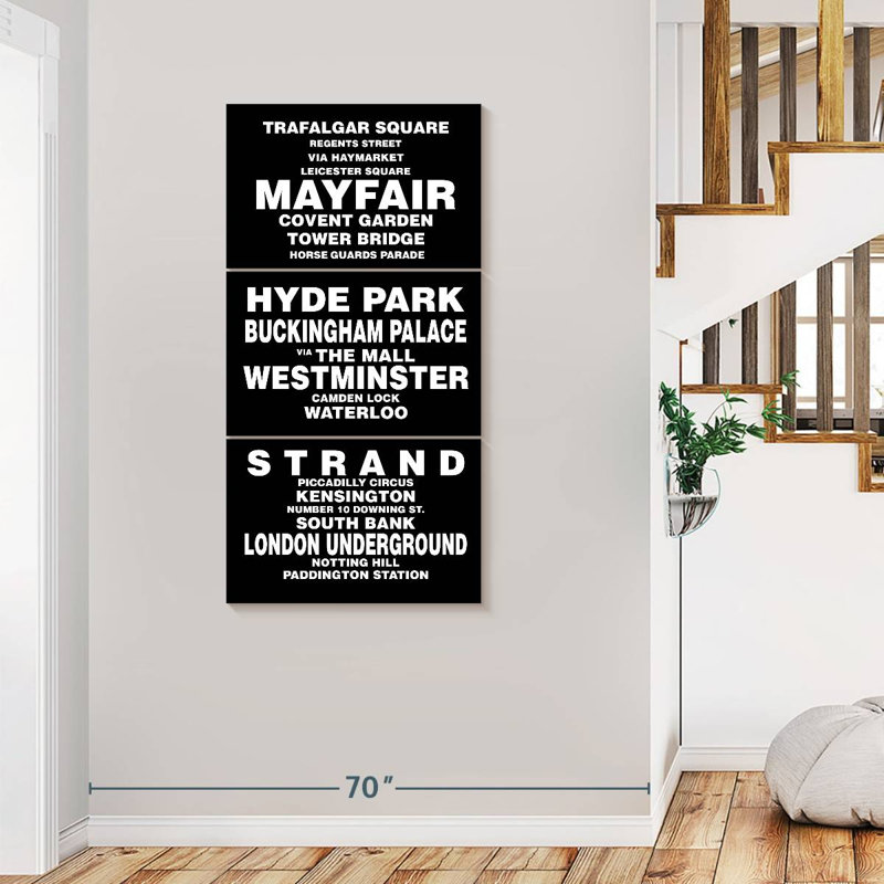 «Travel And Adventure Quotes London Bus Roll On Canvas», reproduction de 3 pièces, H 75 po x l 36 po x P 1,25 po
