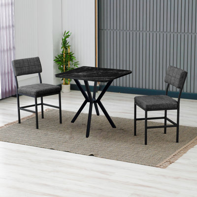 Modern Extendable Dining Table & Chairs Set (3 Pieces), Anthracite & Black | 100% Melamine Coated Chipboard, Table: 27.6 x 29.1 x 27.6 in, Chairs: 15.7 x 32.3 x 15.7 in | Sturdy Metal Frame, 100% Linen Fabric, Stylish Industrial Design