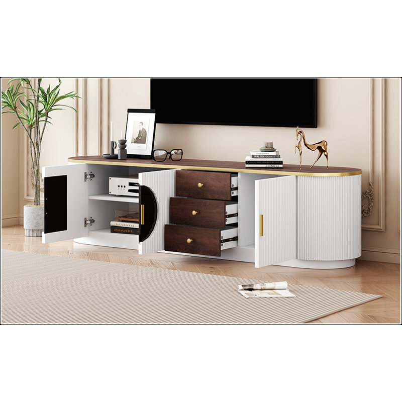 Modern TV Stand – 3 Drawers, 2 Cabinets, Glass Panels – Metal Handles, Cable Management, for TVs up to 80"