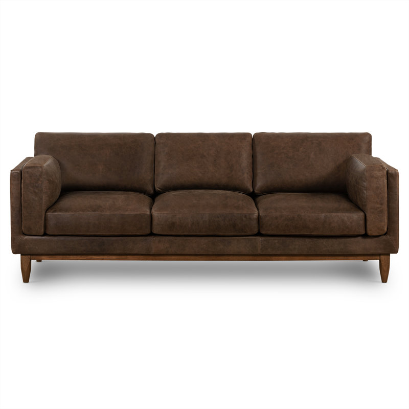 Canapé en cuir véritable Celina, Cuir véritable brun clair cambrousse, Brun foncé