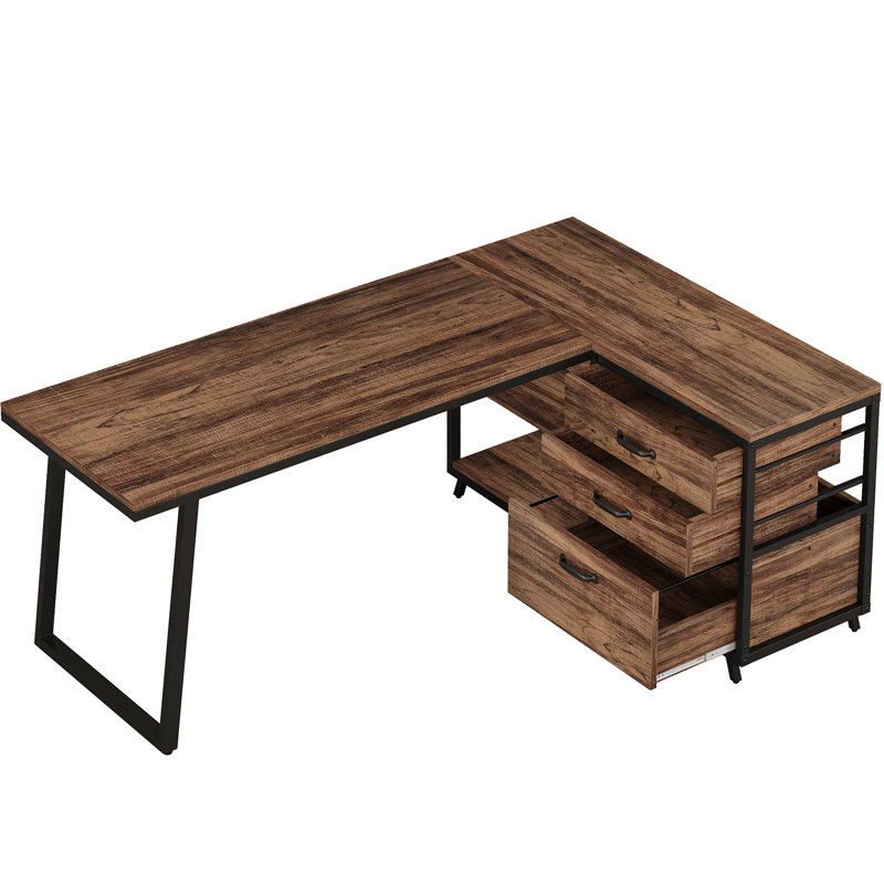 53-Inch Reversible L-Shaped Computer Desk With Drawers And Shelves, Industrial Home Office Workstation For Small Spaces, Rustic Brown