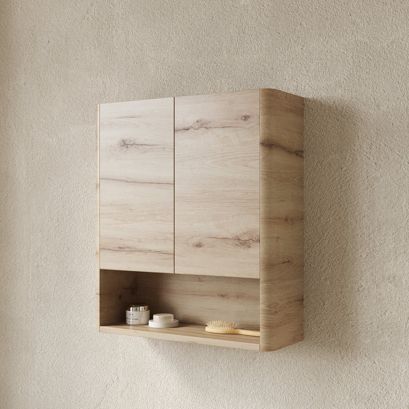 26" Wall Mounted Bathroom Storage Cabinet With Curved Edge Design, Soft-Close Doors & Open Shelf, Modern Floating Organizer For Bathroom, Laundry, Or Kitchen (White Oak / Beige)