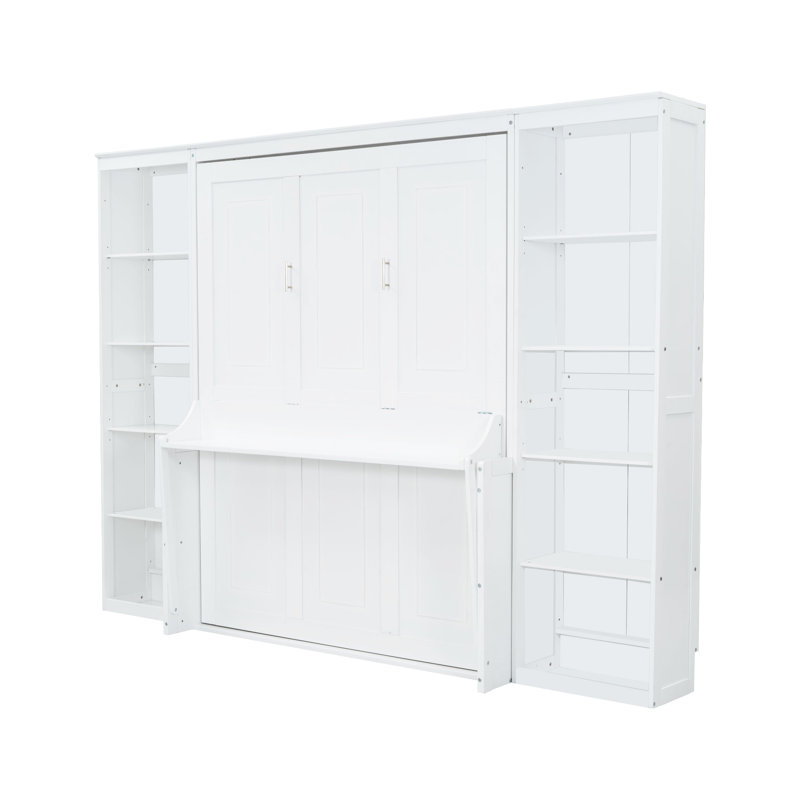 Grand lit avec bureau et bibliothèque à livres, bibliothèque fiable et peu encombrante, bois de pin massif. Pour la chambre à coucher. Aucune boîte à ressorts nécessaire. Vaste espace de rangement. Pliable