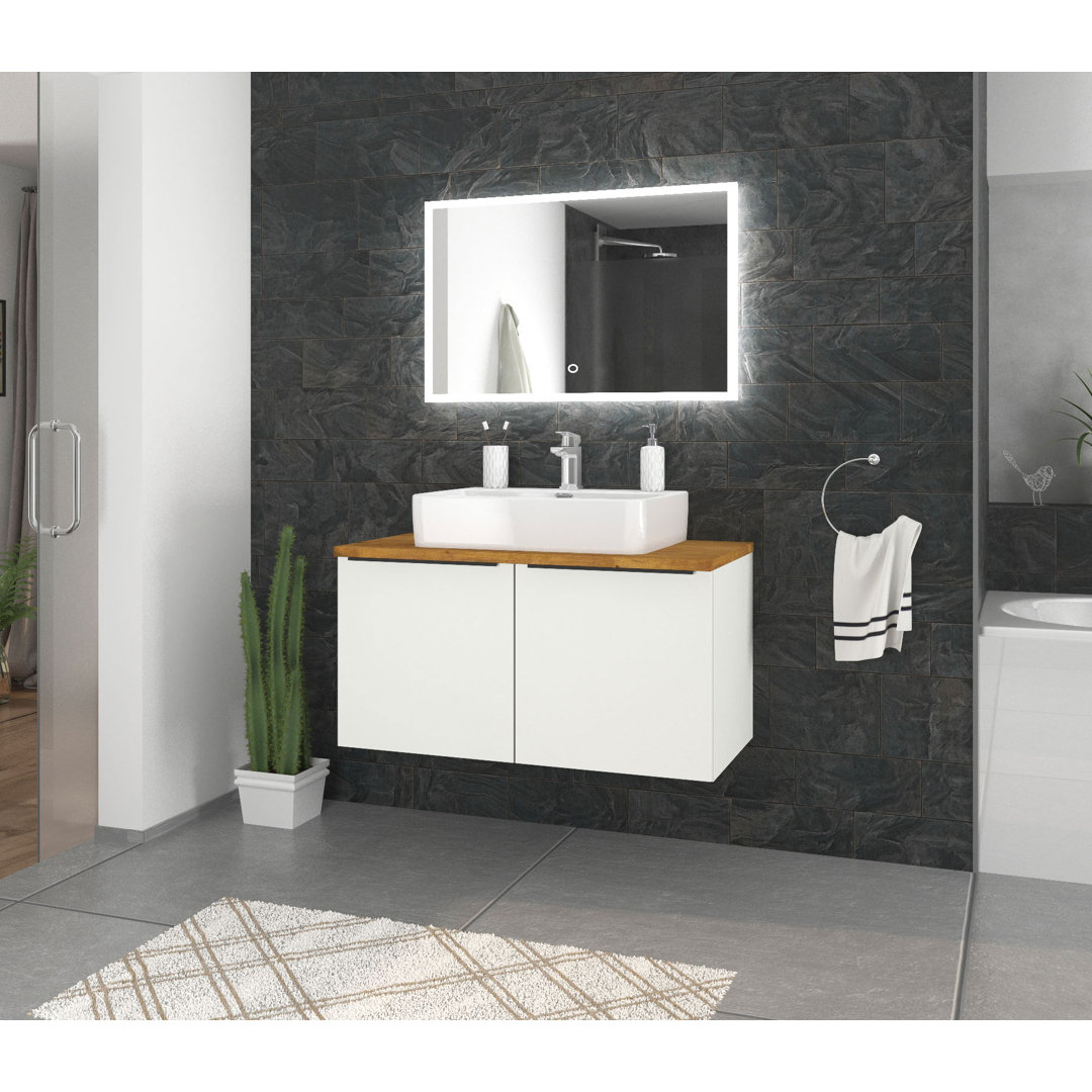 Odin washbasin with base cabinet, 96cm, alpine white / rustic oak / oak, metal handles