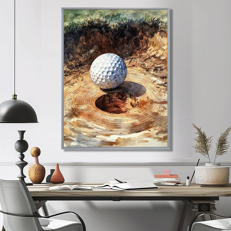 Balle de golf abstraite à la glissade en bois - Décoration murale golf, Argent argent, Impression encadrée flottante