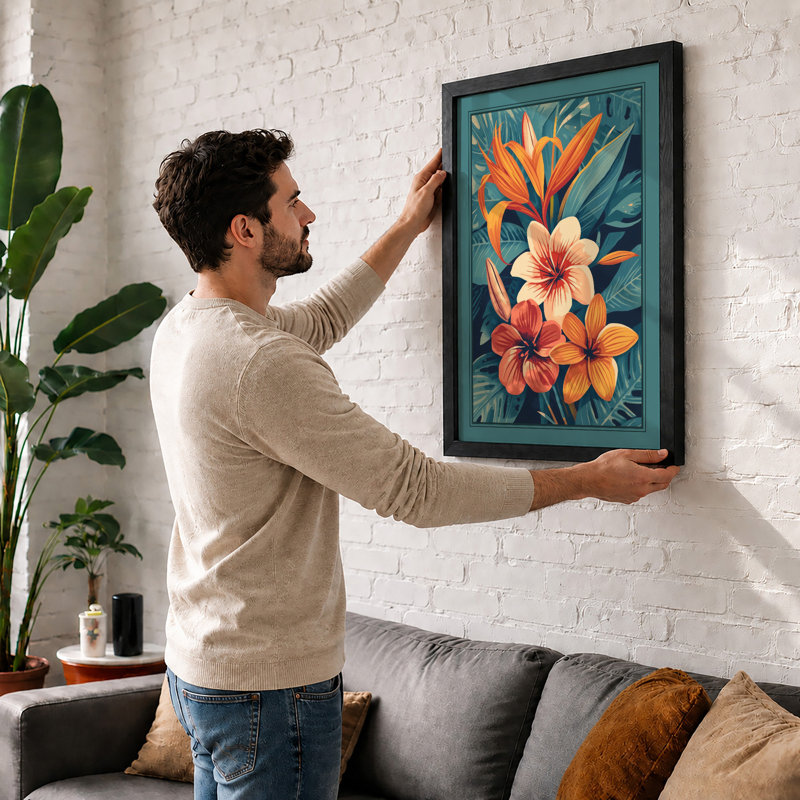 Blooms in Teal Botanical - Framed Print, Black, A4 - 29.7 x 21.0 cm