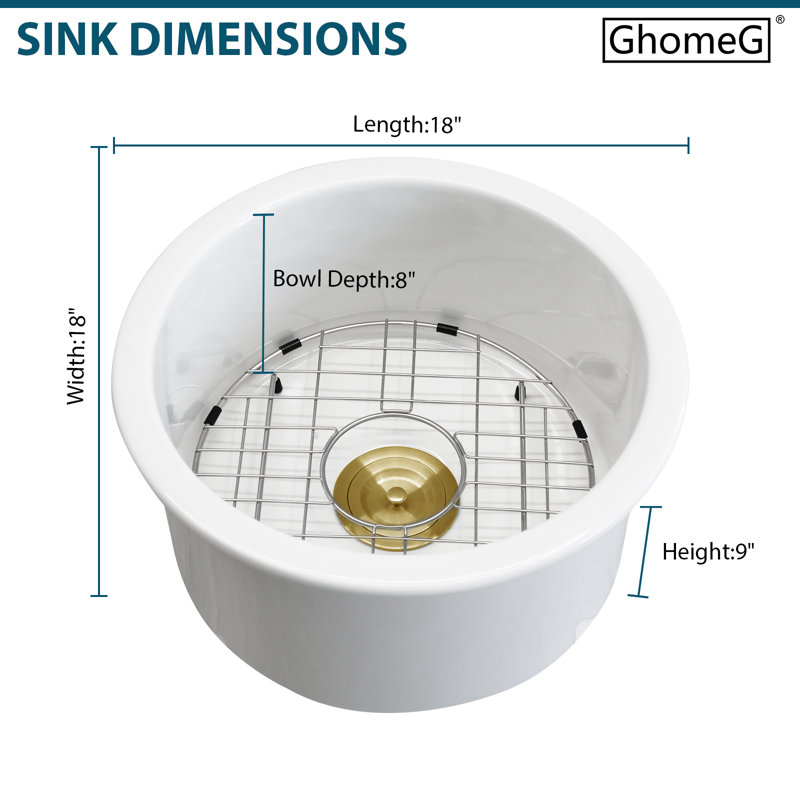Évier de cuisine rond en céramique 18 po x l 18 po x H 9 po avec accessoires de cuisine