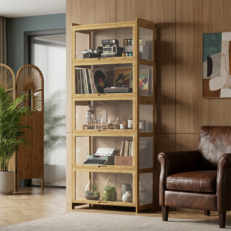 Modern Home Office 68" 5-Tier Transparent Display Cabinet Acrylic Flip Door Curio Cabinet Floor-Standing Showcase Bookshelf For Living Room Bedroom