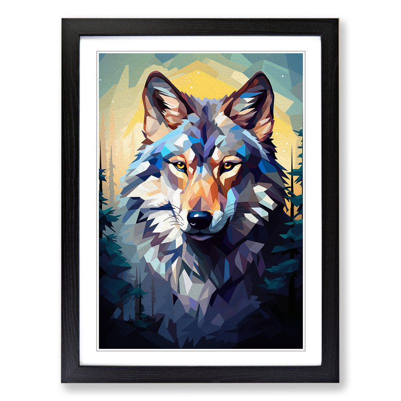 Wolf Cubism - Single Picture Frame Print on Wood, Black, 46cm H x 34cm W x 2cm D