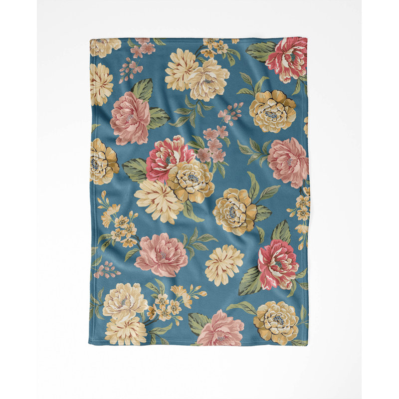 Couverture en velours de molleton Catherine, L 60 po x l 50 po, Motif floral bleu