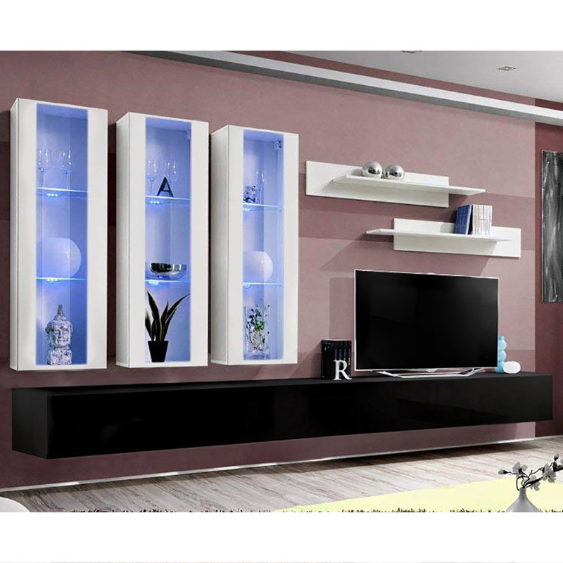 Vredenburgh 126" Modern Floating Wall Mounted Entertainment Center with 16-Color LED Lighting, High Gloss Finish, White/Black