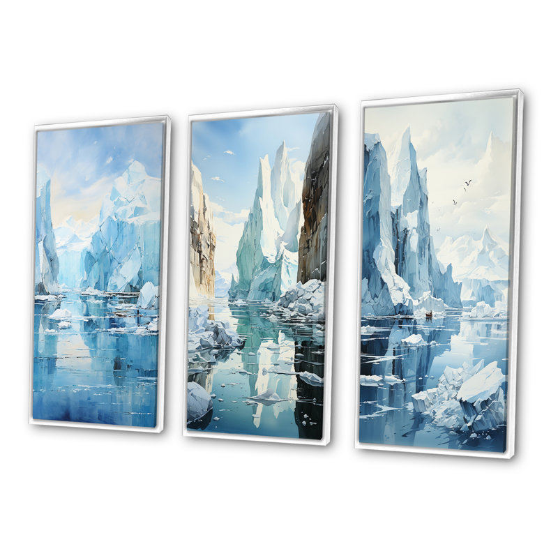 «Blue Iceberg Arctic Symphony», 3 pièces sur toile, Cadre blanc, H 32 po x l 48 po