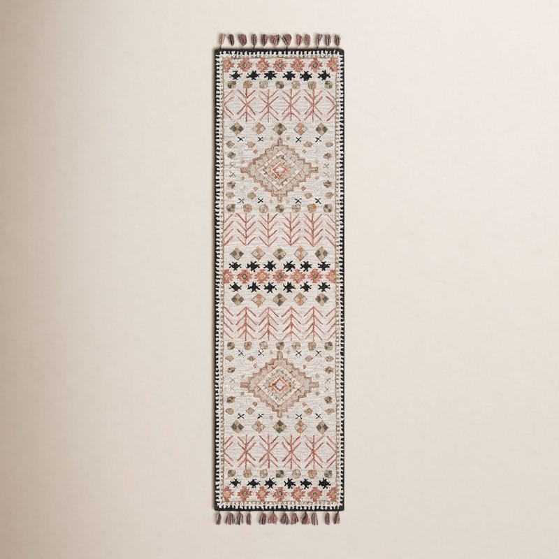 Tapis rose / beige en laine sud-ouest crocheté à la main Anine, Tapis de couloir 2 pi 3 po x 8 pi
