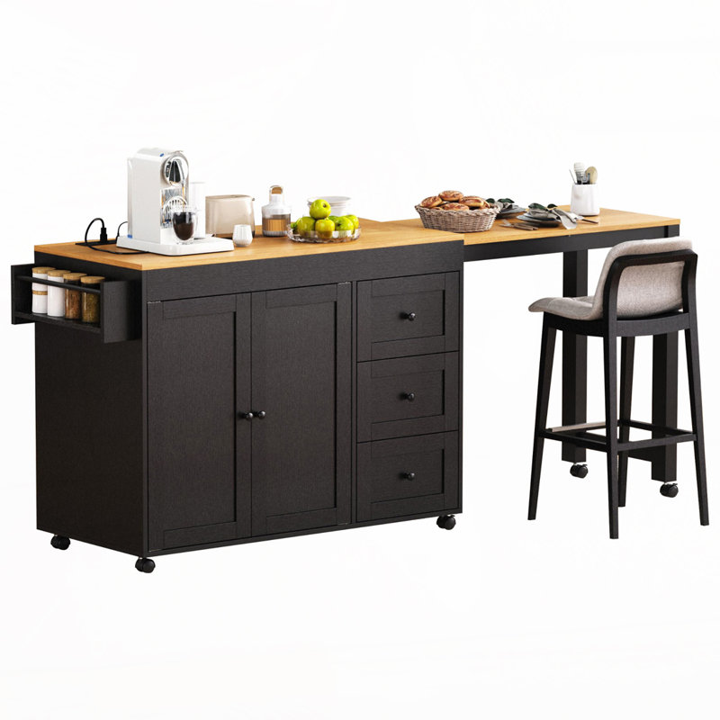 Îlot de cuisine 74,8 po avec table de salle à manger extensible, chariot de rangement de cuisine avec 3 tiroirs, prise de courant