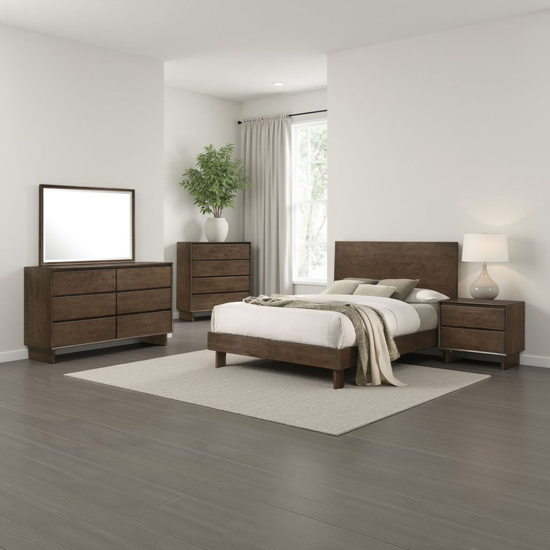 Ensemble de chambre à coucher grand lit 5 pièces Genu, bois d'hévéa brun chaud moderne, Grand lit