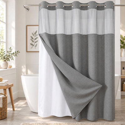 Rideau de douche 71 po x 74 po tissé gaufré avec doublure à encliqueter et sans crochets, gris