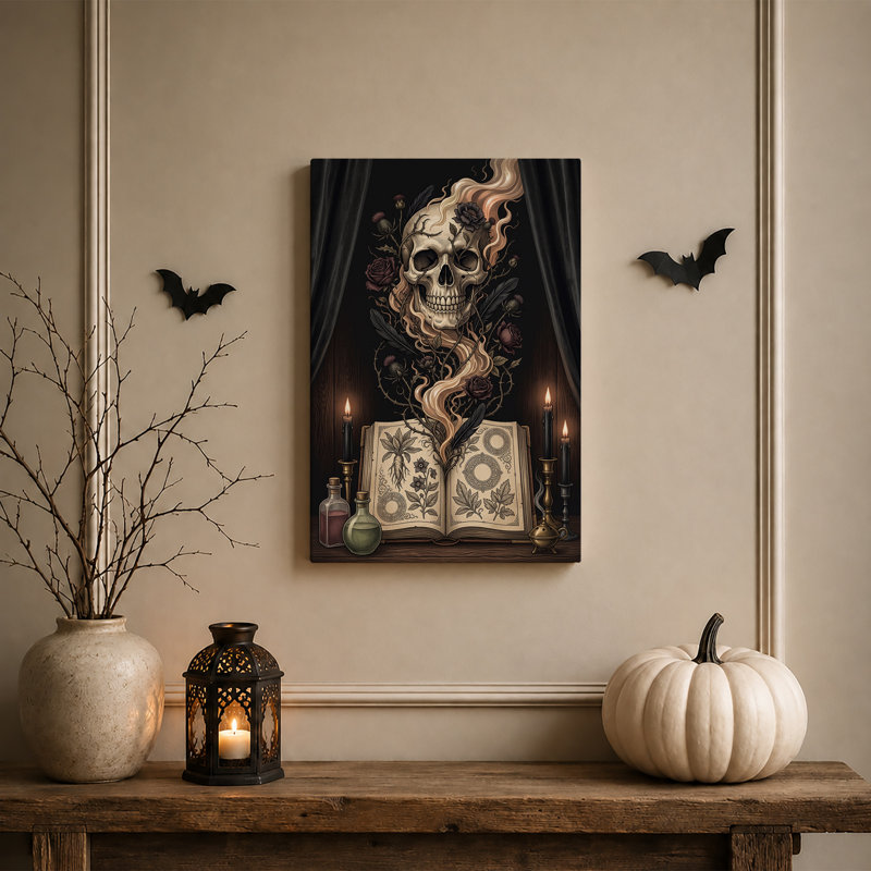 Art mural sur toile gothique crâne gothique avec bougies allumées et grimoire ouvert, H 24 po x l 16 po