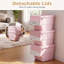 Ensemble de 3 ou 6 bacs de rangement à roulettes avec couvercles, empilables et emboîtables, en plastique blanc et rose.-1585138679