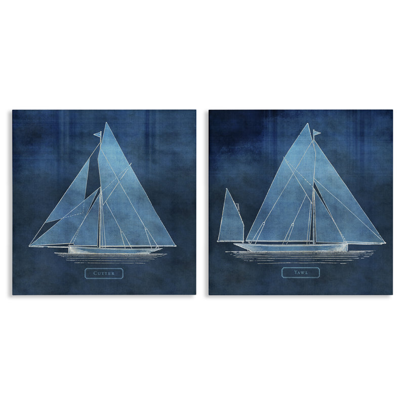 Ensemble d'art mural en toile 2 pièces, voilier nautique, conception par Susan Arnot, H 17 po x l 17 po