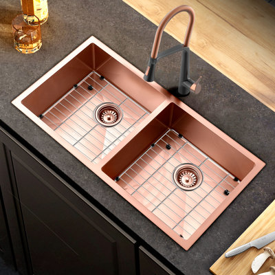 Évier de cuisine à double cuve encastrable en acier inoxydable 304 de calibre 16 HIGOLD L 33 po HIGOLD