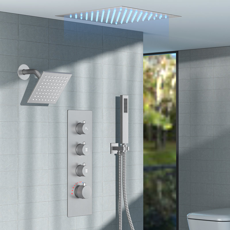 Thermostatic Dual Showerheads System, Ceiling Mount 12" LED Rainfall Shower Faucet with 6" Shower Head, Handheld Spray