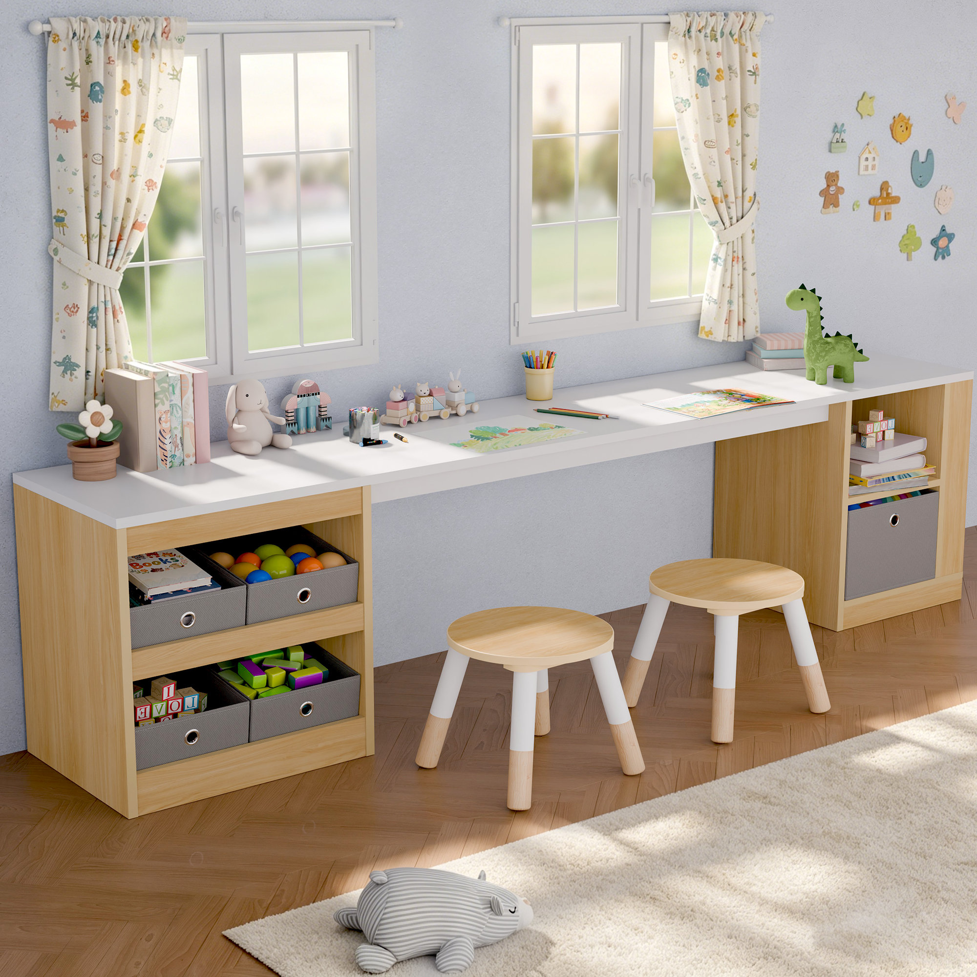 Double Wooden Kids Desk and Chairs