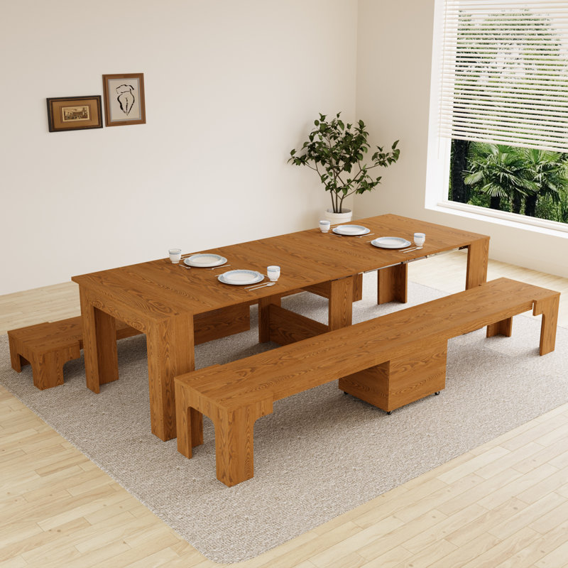 Haakon Kitchen Dining Table Set, 18"-118" Extendable Console Table with Bench(Table, 2 Benches), Brown