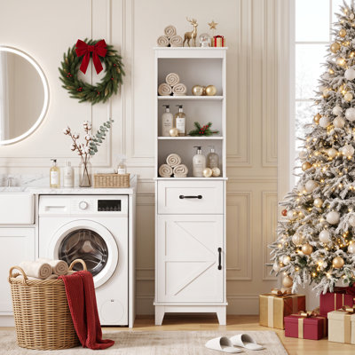 Armoire de rangement haute style ferme pour linge de maison, meuble de salle de bain autoportant avec étagères ouvertes, tiroir et porte, design épuré