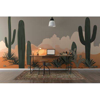 Papier peint paysage de ciel gris cactus du désert