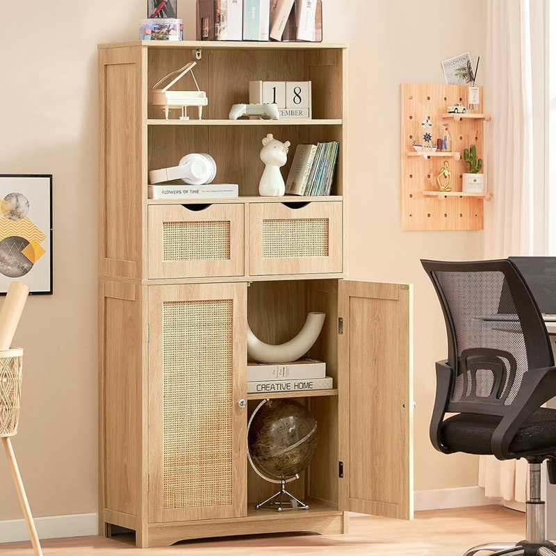 Armoire de rangement haute, armoire en rotin avec 2 tiroirs et tablette réglable, armoire de rangement pour garde-manger, armoire d'entrée pour salon, salle à manger, bureau personnel, naturel