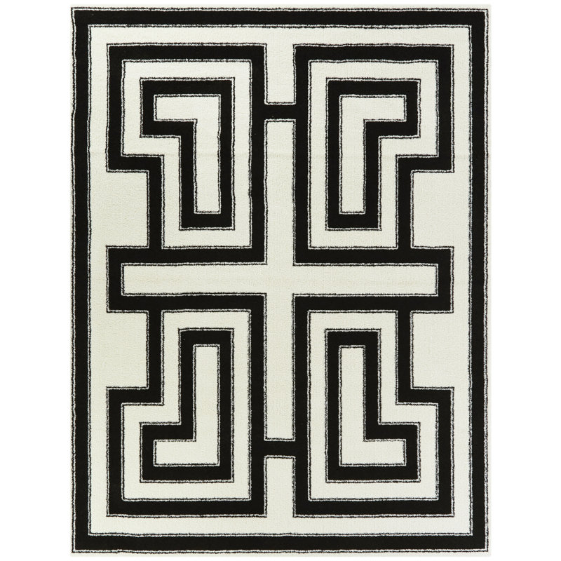 Tapis géométrique noir / blanc Wilk, Rectangle 7 pi 10 po x 10 pi