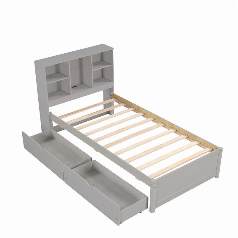 Structure de lit simple avec tête de lit bibliothèque et port USB intégré et tiroirs pratiques pour plus de confort et de rangement