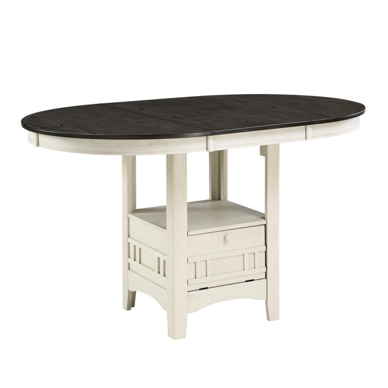Table de salle à manger à hauteur de comptoir de style traditionnel avec rallonge et rangement en blanc antique et brun rosé pour la pièce