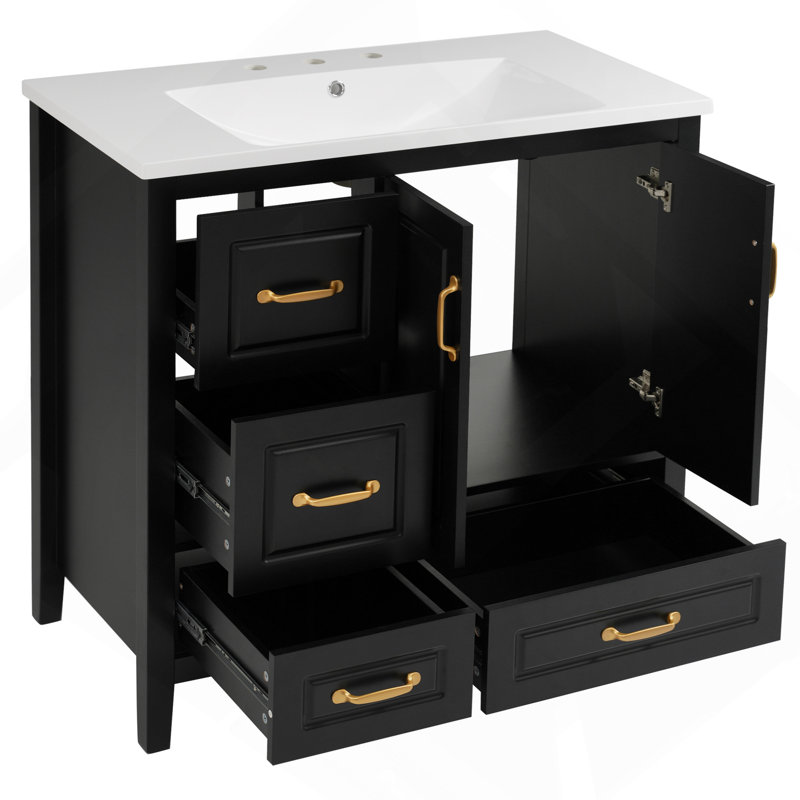 Meuble-lavabo 36 po avec lavabo, une armoire avec portes à fermeture douce, 4 tiroirs à fermeture douce, poignées en métal, noir