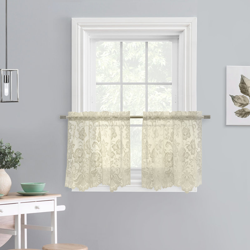 Farhaan Floral Ruffled Cafe Curtain, 55" W x 36" L, Ivory