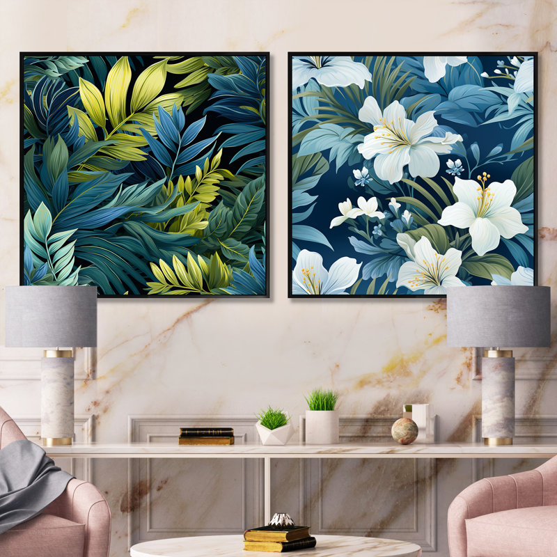 Easthampton - Ensemble de 2 collages carrés floraux, Cadre flottant noir, H 16 po x l 33 po