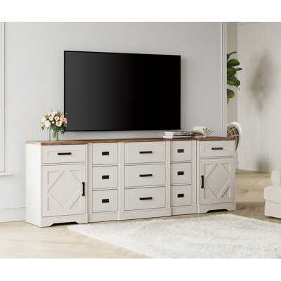 Meuble télé 3 en 1 pour téléviseur de 100 po avec porte de grange et 11 tiroirs Laziza Modern Farmhouse