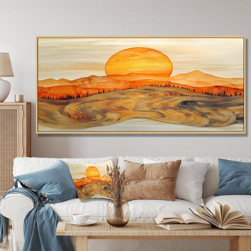 Lever de soleil sur un horizon de montagne en marbre - forêt, art mural, H 28 po x l 60 po, Floater Framed, Doré