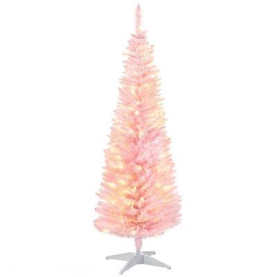 5' Tall Pre-Lit Slim Noble Fir Artificial Christmas Tree With 110 Warm White LED Lights And 294 Tips, Pink, Christmas Tree