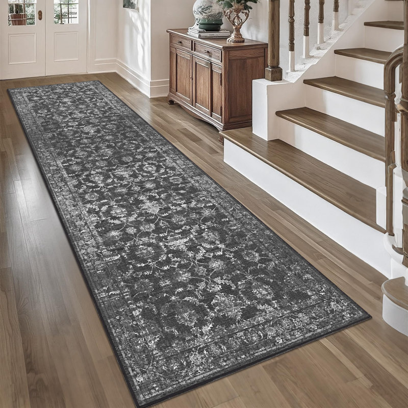 Vintage Boho Area Rug - Washable Non Slip Low Pile Rug, Black, Runner 3' x 10'