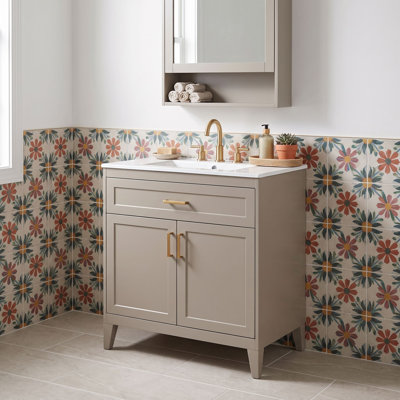 Meuble-lavabo autoportant avec lavabo en céramique, tablette réglable, portes à fermeture en douceur et supports de porte de rangement