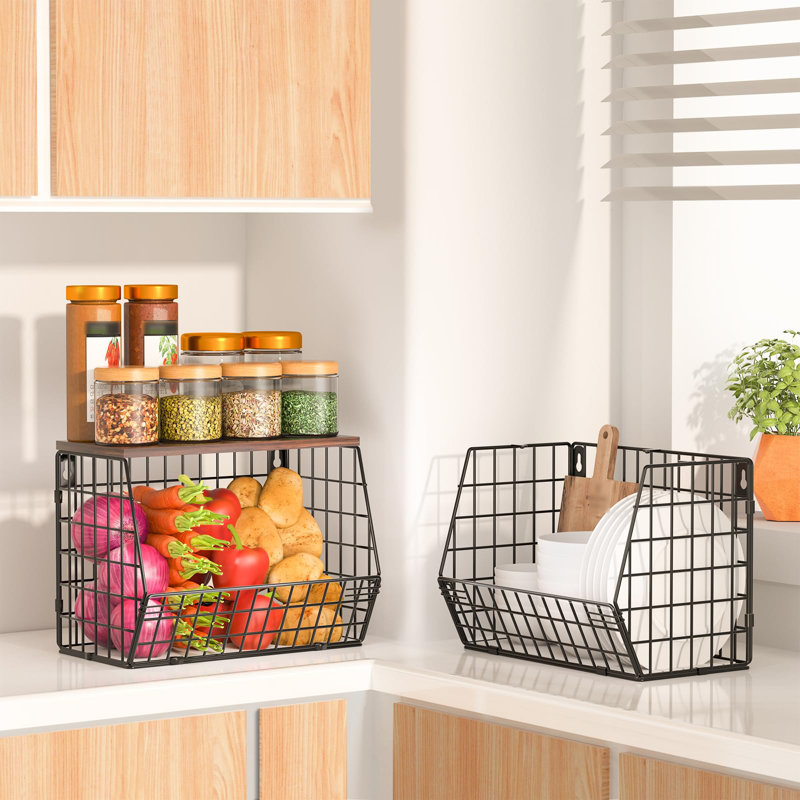 Rangement à 2 niveaux pour panier de fruits avec couvercle en bois empilable ou rangement mural suspendu avec 4 crochets