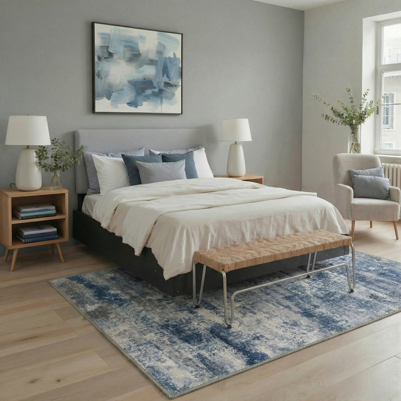 Tapis bleu / blanc Comeau Aura, Rond 5 pi