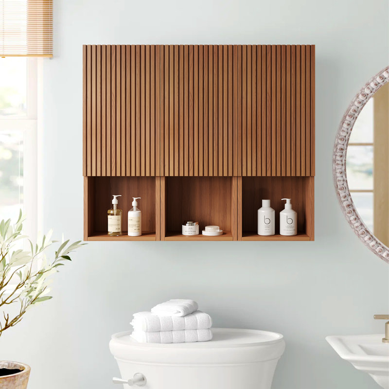 Modern 41.5-Inch Wall-Mounted Walnut Bathroom Vanity,Open Solid Wood Slatted Storage Compartment With Shelf