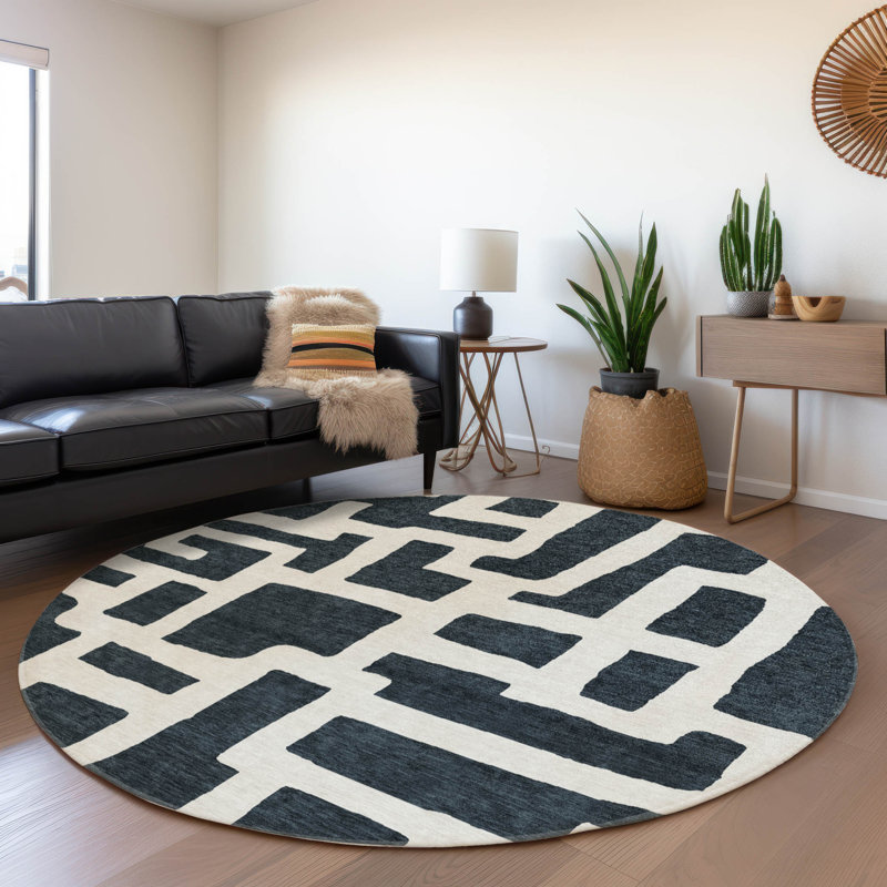Premium Machine Washable Prisco Black Rug, Round 8'