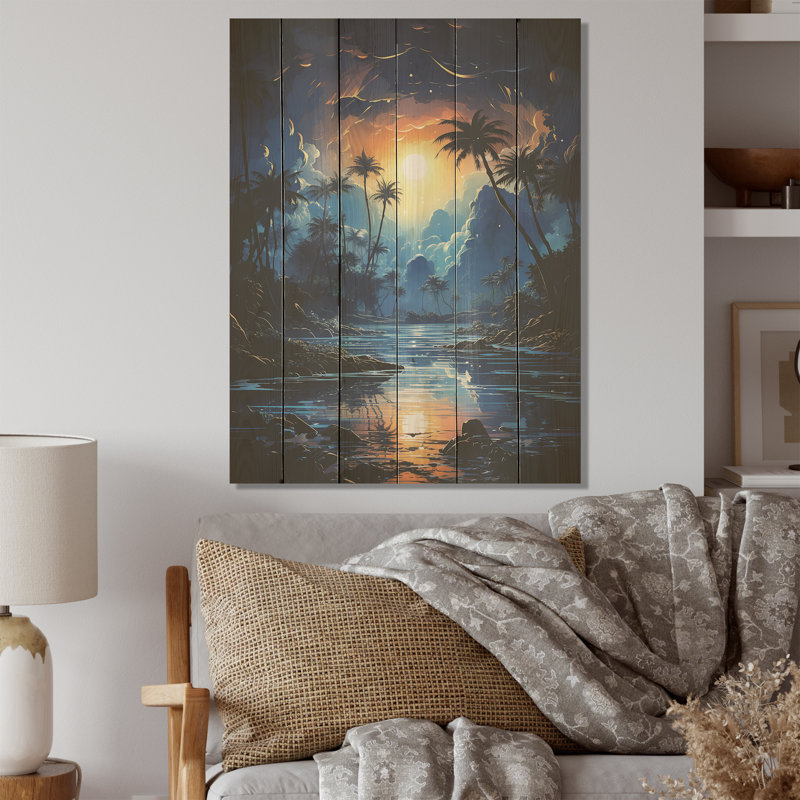 «Sapphire Solitude Palms By The Shore» - palmiers et palmiers, art sur bois de pin naturel, H 40 po x l 30 po