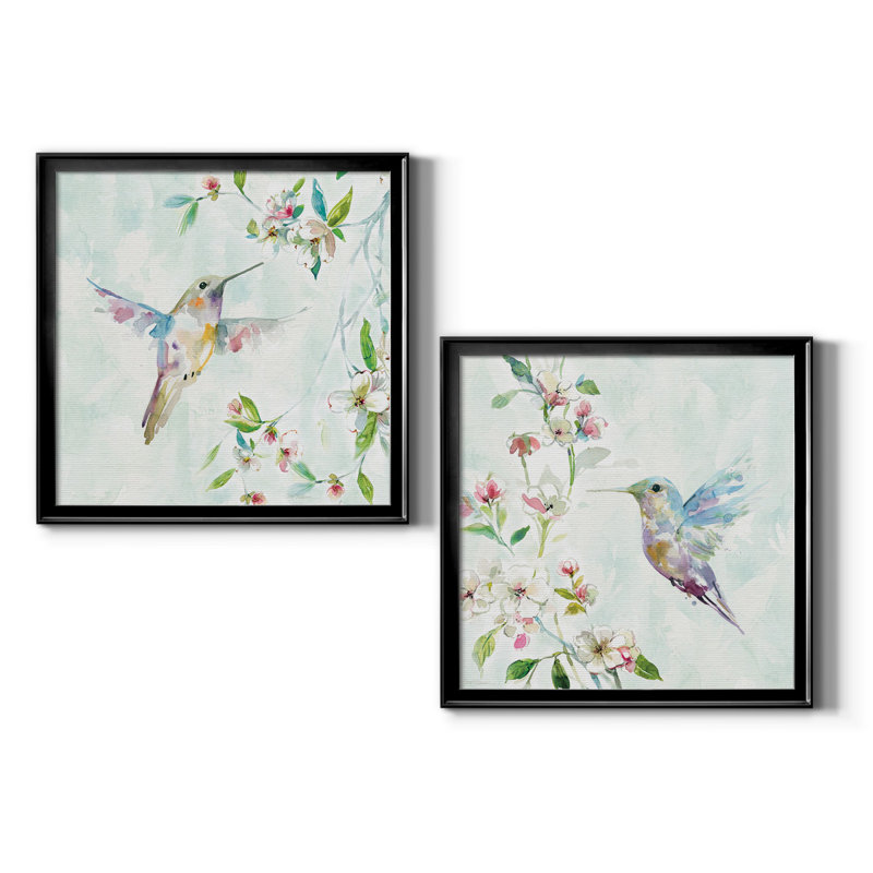 Colibri I - peinture encadrée sur papier, Pas de tapis, H 34,5 po x l 69 po x P 1,5 po, Papier encadré noir