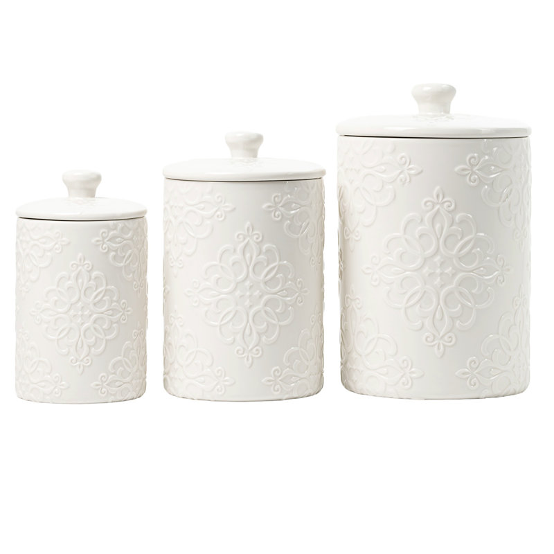 10 Strawberry Street Embossed Ceramic Kitchen Canister Set, Stamp White