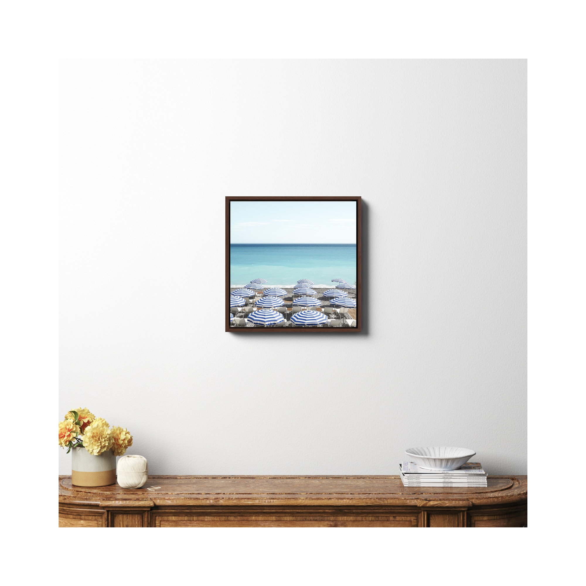 Blue Beach Umbrellas Photo by Henrike Schenk, 20" H x 20" W x 2" D, Mahogany Framed Canvas, No
